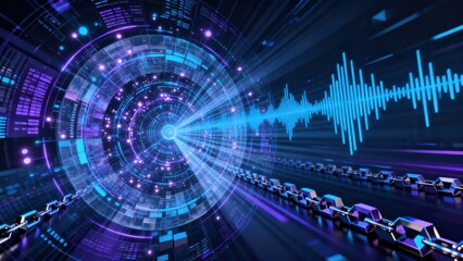 Fototapeta premium Digital interface tunnel converges with sound wave visualization and metallic chain links