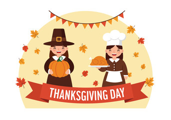 Thanksgiving Day Celebration Illustration Pilgrim and Cook Serving Food