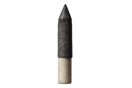 Vertical pyrotechnic rocket firework with a white base and a grey top, set against a transparent background for simple blending