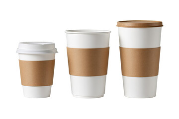 Three disposable coffee cups of varying sizes, each with a brown paper sleeve