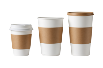 Three disposable coffee cups of varying sizes, each with a brown paper sleeve