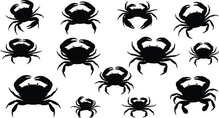 Black crab silhouette collection, marine animal vector illustration, seafood design element, ocean wildlife clipart, crustacean graphic, editable isolated artwork © Soni