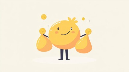 Happy Character Holding Money Bags and Coins