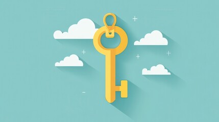 Yellow Key Among Clouds in a Blue Sky Background