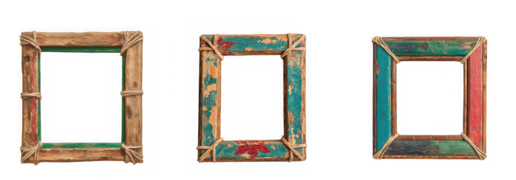 Three rustic, weathered picture frames with peeling paint, isolated on transparent background - Powered by Adobe