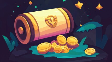 Colorful Fantasy Gold Coins and Barrel Illustration