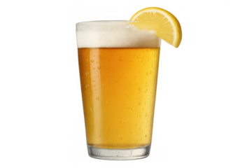 Refreshing golden beer in a cold pint glass with foam and lemon wedge, drink on transparent background