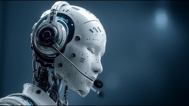 A futuristic humanoid robot with a sleek design and red eye, equipped with a headset, set against a dark background.