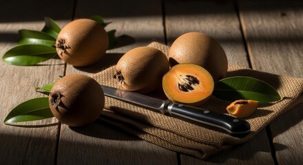 Fresh Sapodilla Fruit With A Knife Placed On A Wooden Rustic Table