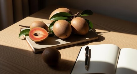 Fresh Sapodilla Fruit With Open Notebook And Pen On Table Illuminated By Natural Daylight