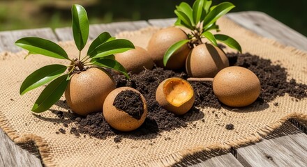 Fresh Sapodilla Fruit With Green Leaves Is Displayed on a Rustic Surface With Natural Light