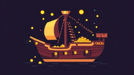 Treasure Ship with Coins and Bright Accents