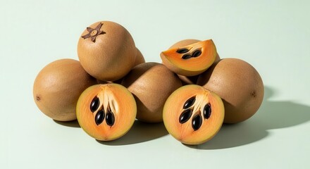 Fresh Sapodilla Fruits Display Vibrant Colors And Textures Against a Soft Background