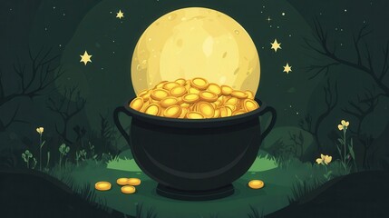 Magical Pot of Gold Under a Glowing Moonlight