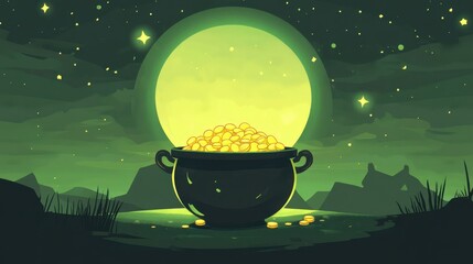 Pot of Gold Under Moonlight in Enchanted Landscape