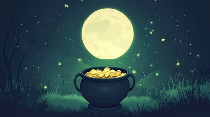 Moonlit Cauldron with Gold Coins Under Night Sky