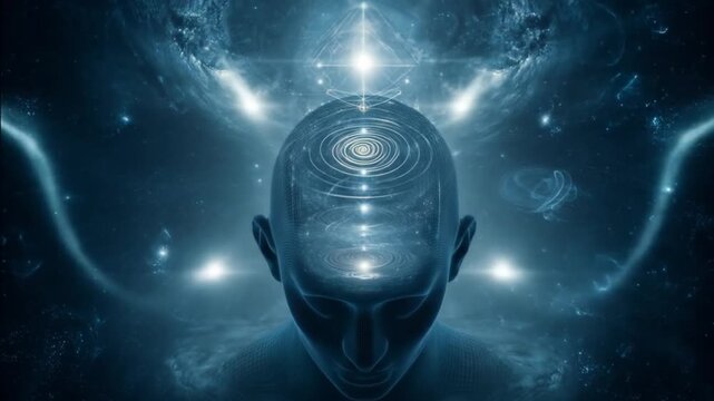 Conceptual human head glowing with cosmic energy, symbolizing consciousness, spiritual awakening, universal mind, and future intelligence.