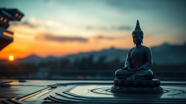 A seated Buddha statue at sunset or sunrise. A clear sky symbolizes a peaceful mindset. 4k video