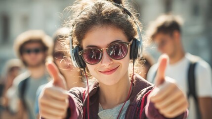 Young woman enjoying music outdoors while giving thumbs up in a vibrant crowd during a sunny day