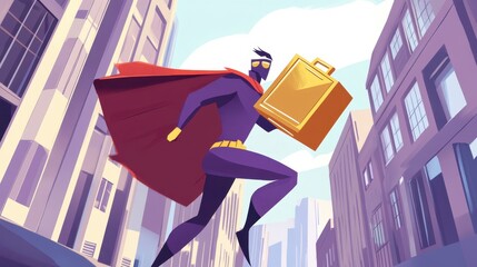 Superhero Running Through Cityscape with Briefcase