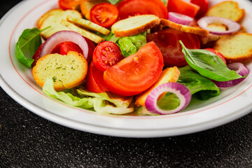 Panzanella salad tomato, croutons, onions vegetables dish natural product tasty snack fresh delicious gourmet food background on the table rustic top view copy space