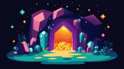 Enchanted Cave with Treasure and Gemstones