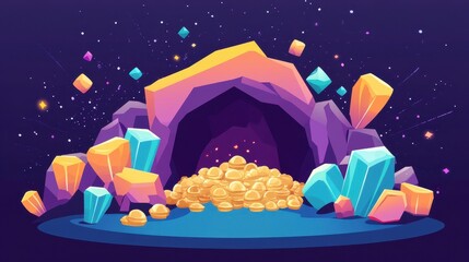 Colorful Fantasy Cave with Treasure and Crystals