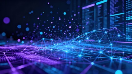 Fototapeta premium Illuminated digital network structure spreads across a dark technological landscape with glowing particles