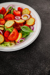 Panzanella salad tomato, croutons, onions vegetables dish natural product tasty snack fresh delicious gourmet food background on the table rustic top view copy space