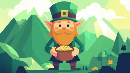 Cheerful Leprechaun Holding Pot of Gold in Landscape