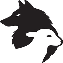 Stylized silhouette of a wolf and lamb merged into a single composition, symbolizing duality, balance, and the contrast between strength and innocence in a bold black and white design.