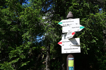 Rowien Waksmundzka, Poland. Tourist information board with tourist routes. Signpost on hiking trail. Route marking for tourists. Tatra mountains, Poland