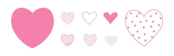 A row of pink hearts, pink hearts in a row, various pink heart designs, simple pink heart patterns. Valentine's Day elements vector set


