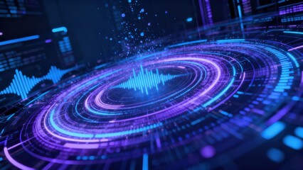 Digital sound wave visualization pulses across concentric neon rings in a dark technological environment