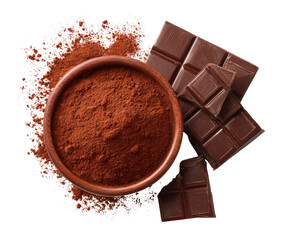 Dark cocoa powder in a bowl with chocolate bars