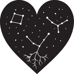 Heart-shaped silhouette filled with stars and constellations, including root-like and geometric patterns, symbolizing the poetic fusion of emotion and cosmic wonder in a dreamy black and white design.