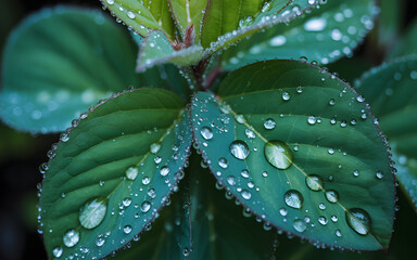 Obraz premium Close up of green leaves covered in glistening water droplets after rain