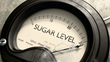Sugar level meter showing high levels of sugar level. Dangerously increasing values of sugar level, critical overload. Too much, off the charts. Max sugar level ,3d illustration