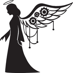 Silhouette of an angel with mechanical wings featuring gears and chains, combining traditional celestial symbolism with steampunk aesthetics in a striking black and white design.