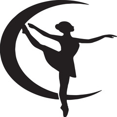 Silhouette of a ballerina dancing in front of a crescent moon, with one leg extended to touch the moon’s tip, symbolizing elegance, balance, and the harmony between human expression and celestial beau