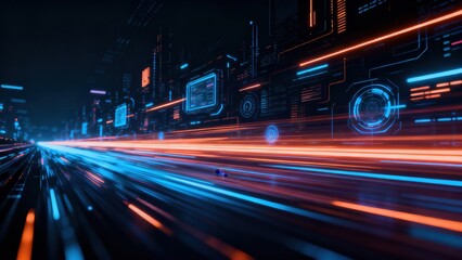 Fototapeta premium Digital data streams flow rapidly through a futuristic cityscape infrastructure