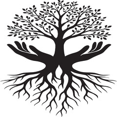 Silhouette of a tree with branches and roots, supported by two open human hands forming the trunk, symbolizing growth, connection, and harmony between humanity and nature.