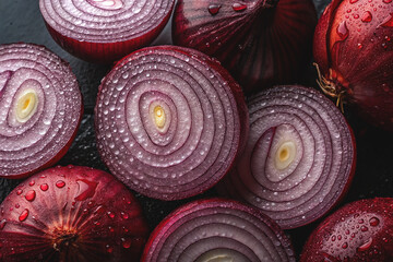 Overhead Shot of lot of red onion with visible Water Drops. Close up.