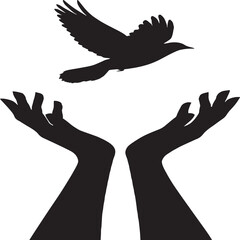 Silhouette of a bird soaring above two raised hands with open palms, symbolizing freedom, release, and hope in a graceful black and white composition.
