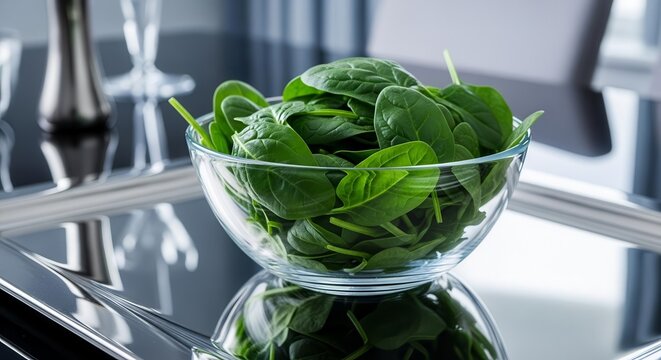 Fresh Spinach Leaves Showcased in a Glass Bowl on a Reflective Surface, Close Up