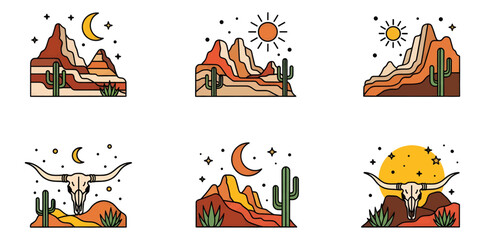 Desert landscape with mountains, cactus, and moon