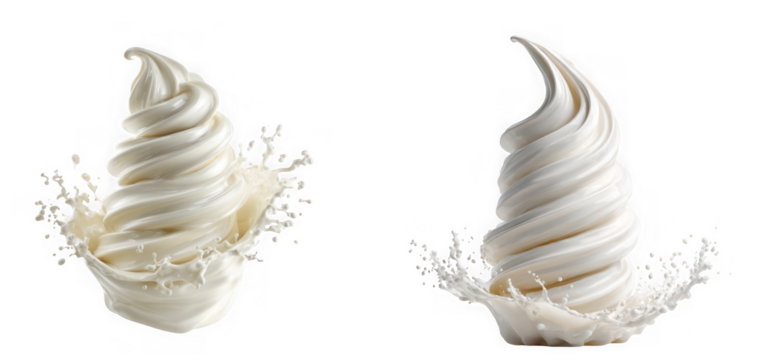 Two swirls of soft serve ice cream with splashes of milk, isolated on transparent background