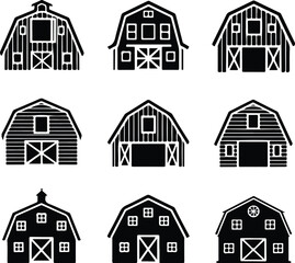 Farm Barn Icon Set – Rustic Agriculture Building Silhouette Collection Vintage Farm Barn Icons – Countryside Agriculture Vector Set