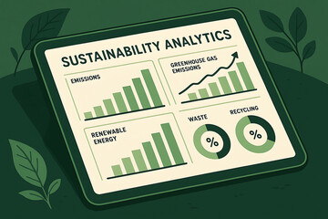 Sustainability analytics dashboard with emissions greenhouse gas renewable energy waste and recycling data visualized on digital tablet