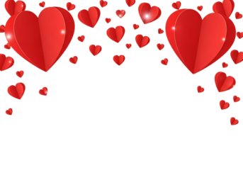 Two large red paper hearts with many small red hearts scattered around isolated on transparent background